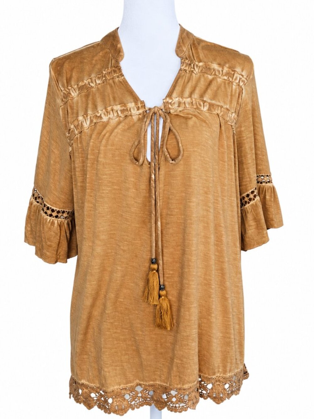 Artesia Boho Western Tassel Blouse Honey Gold Tan Crochet Lace Size S